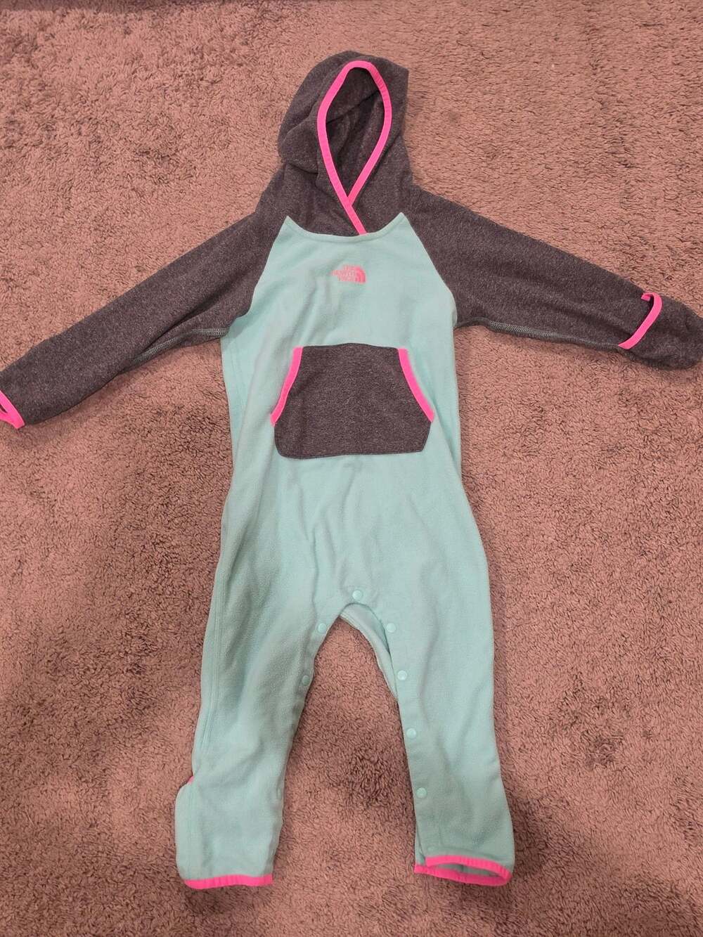 The North Face Infant One Piece Hooded Fleece - Green Pink Grey - 18-24M
